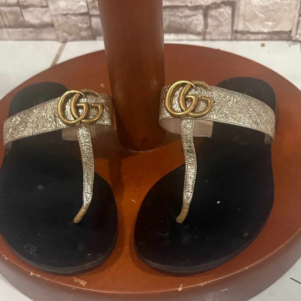 Gucci Black Footbed Sandals with Gold Metallic Straps